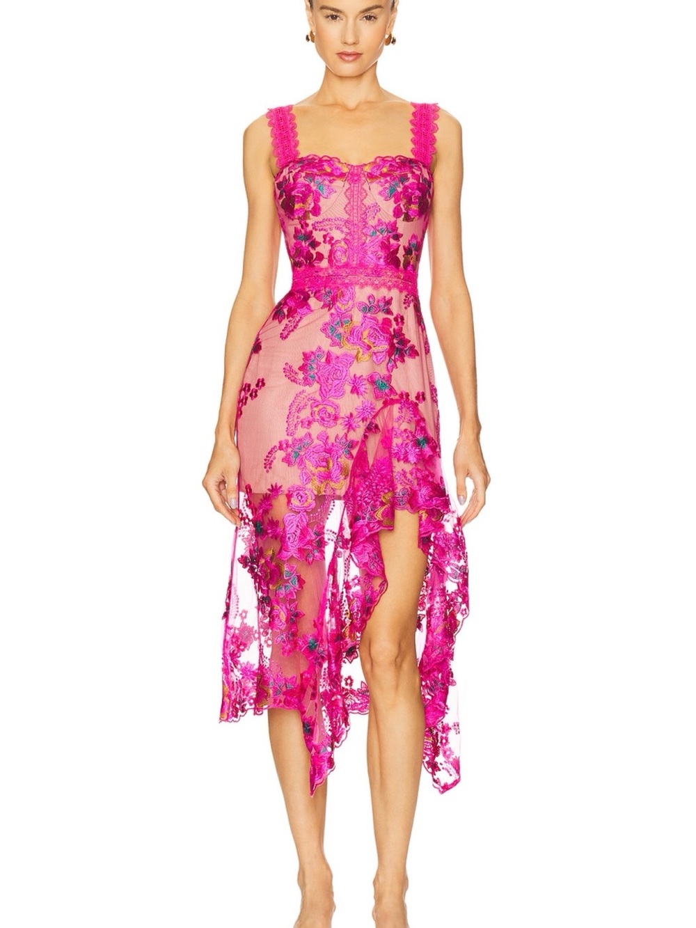 Bronx and Banco Vibrant Hot Pink Floral Lace High-Low Dress